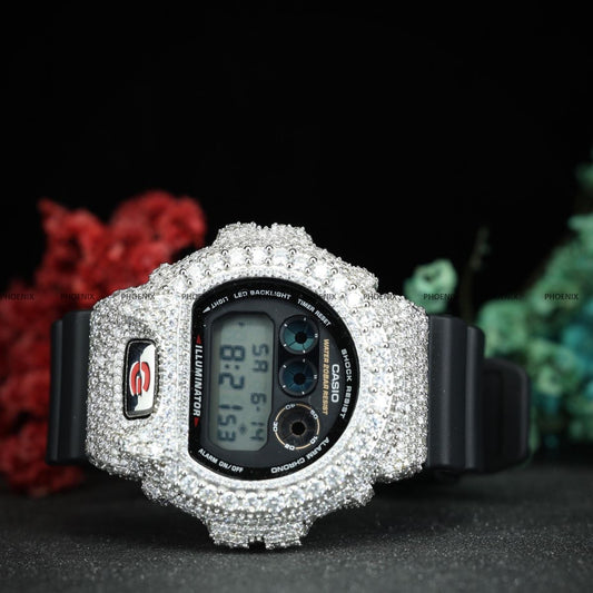 G-SHOCK DW6900 Fully Iced Out – VVS1 D Color Moissanite with GRA Certificate – Diamond Tester Approved